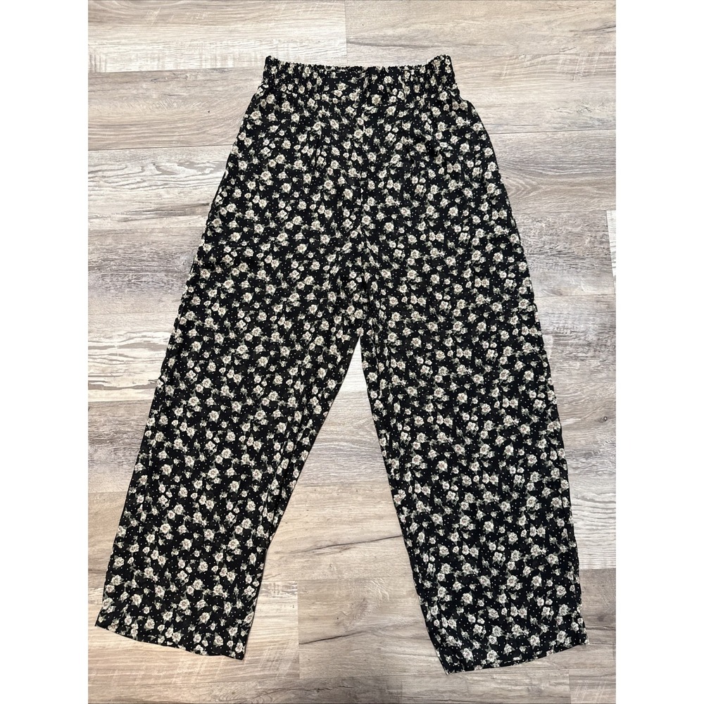 Vtg Wide Leg Sheer Pants First Option‎ Black Floral Cottagecore Prairie Sz Small